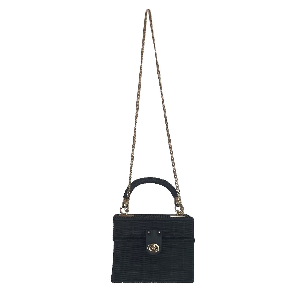 Zara Woman Black Woven Wicker Rattan Box Bag with Gold-Tone Hardware
